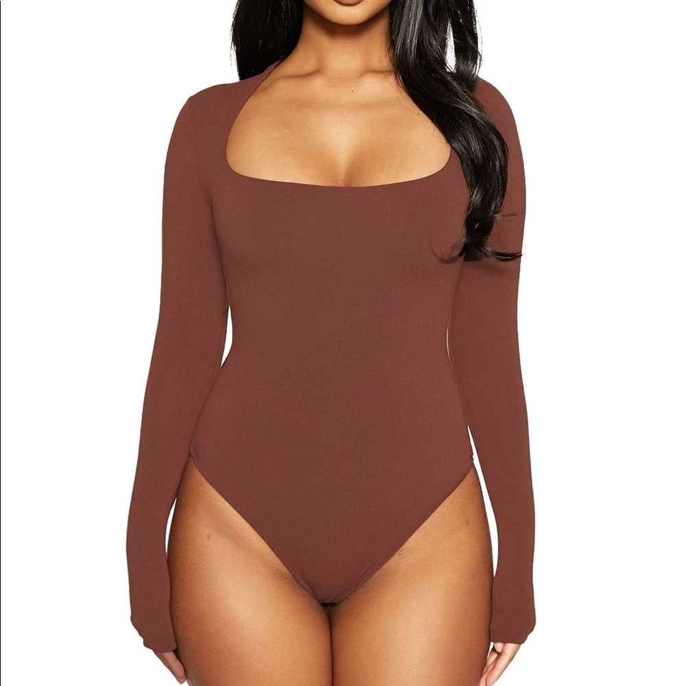 Naked Wardrobe- The NW Squared Away Bodysuit In chocolate (size small)